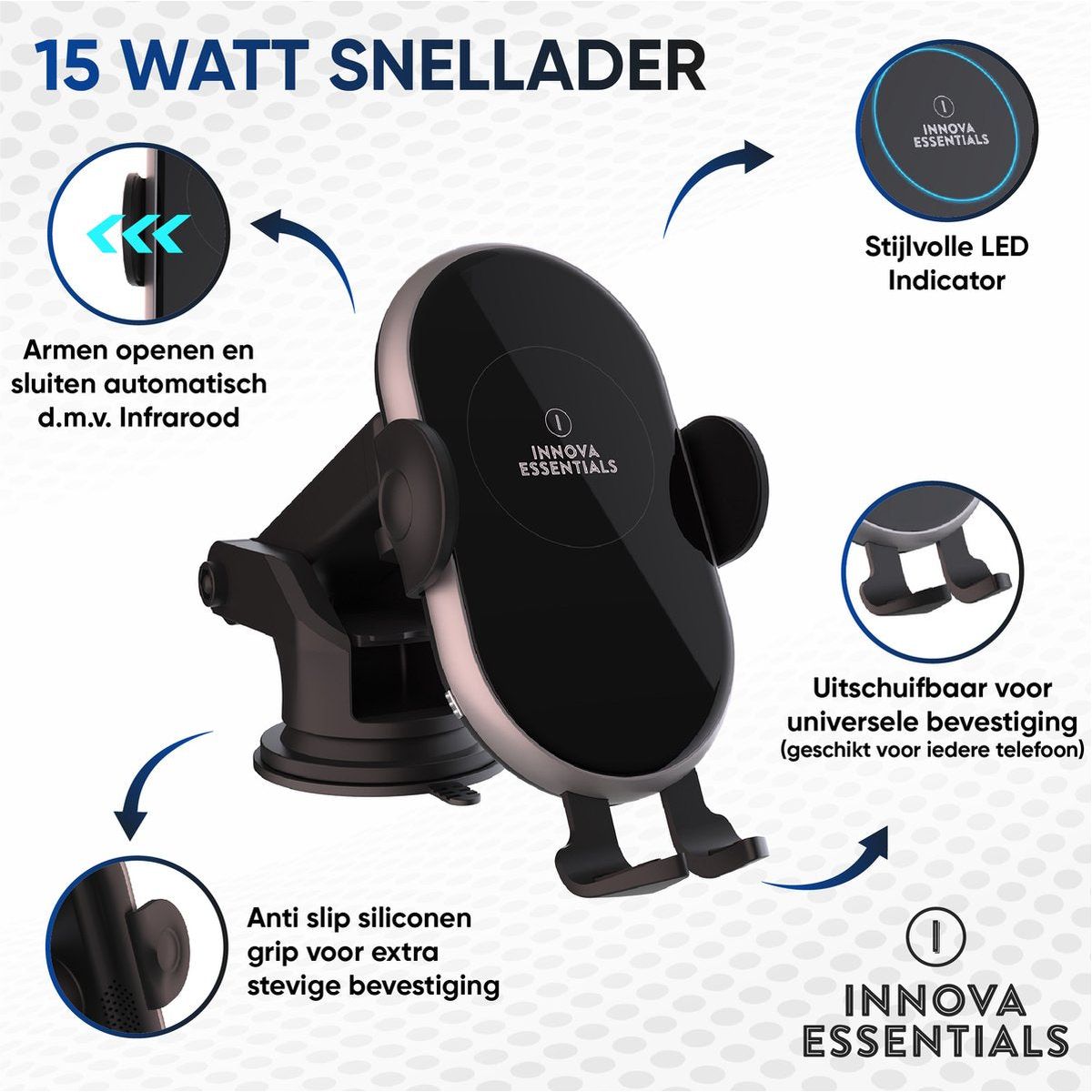 Innova Telefoonhouder met Qi Draadloze Oplader Auto (15 Watt Autolader) - Innova EssentialsInnova Essentials